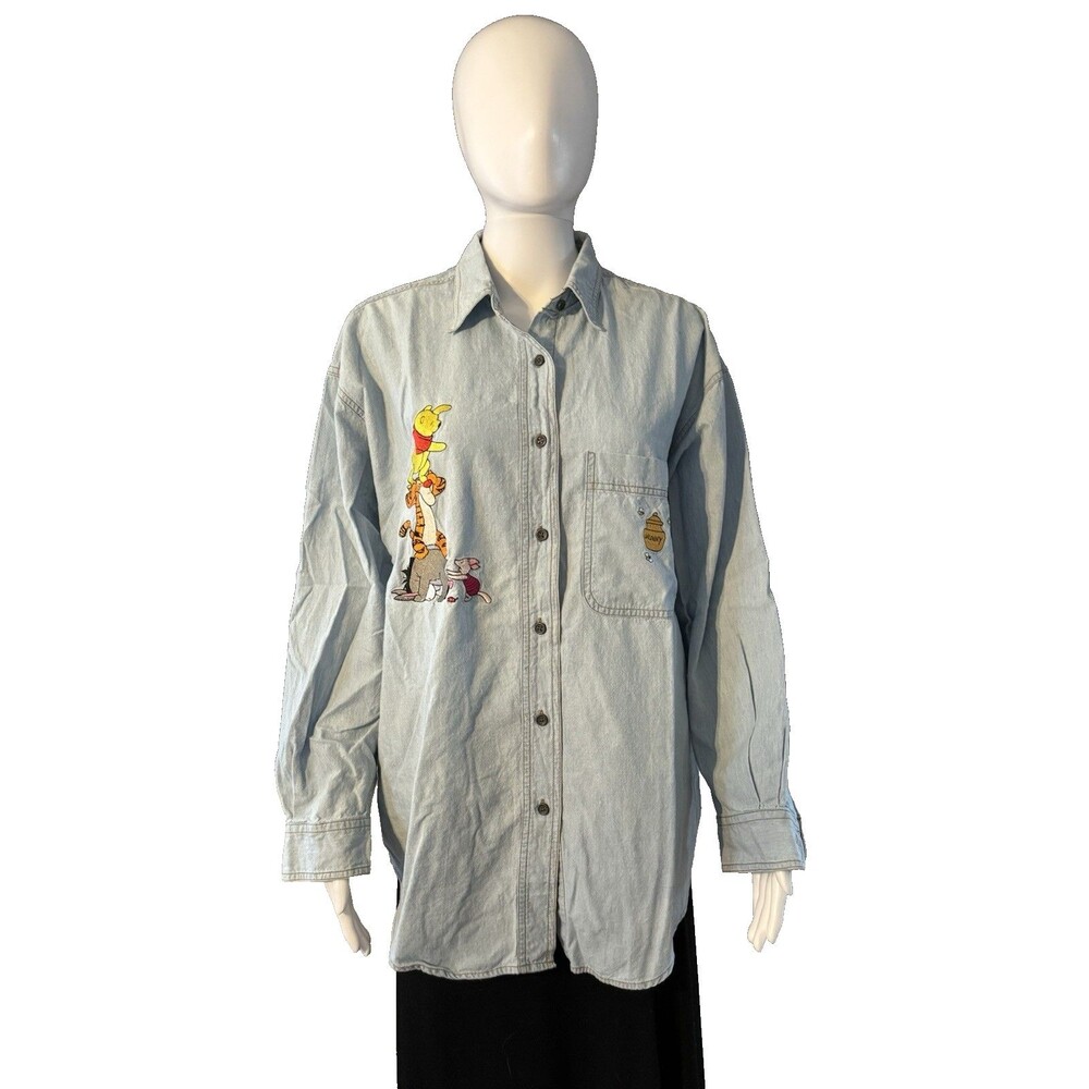 Disney Store Winnie The Pooh Piglet Denim Shirt Button Embroidered Vintage SZ L